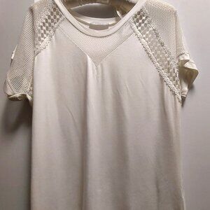 MILAN KISS Women's White Short Sleeves Knit Top w/Lace, Mesh Trim - Size XL
